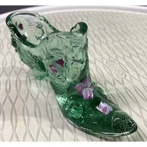 FENTON ART GLASS Green Cabbage Rose Shoe Slipper Hand Painted & Signed EUC
